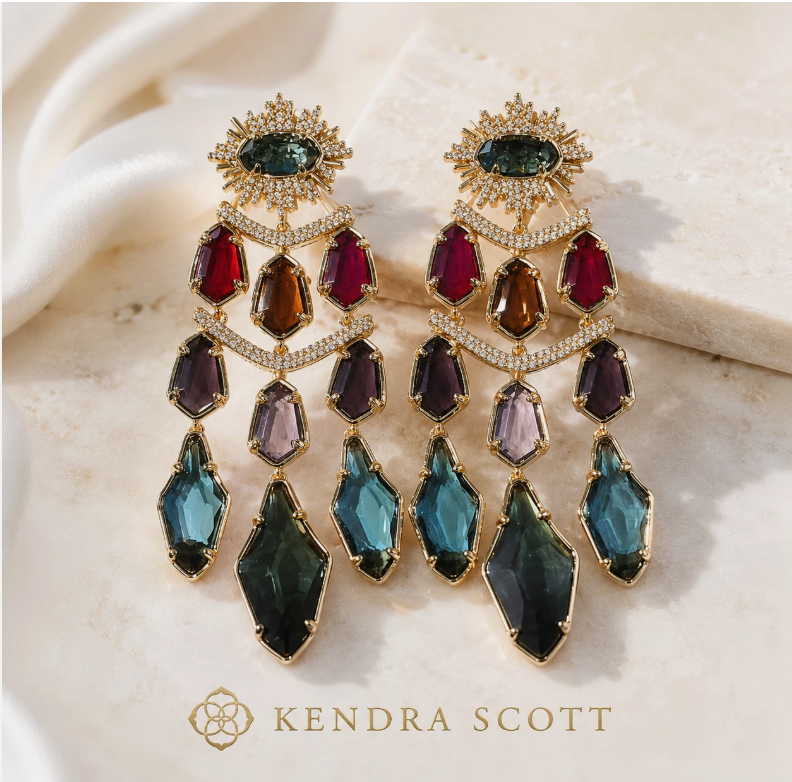 Kendra Scott Alexandria Tier Green Statement Drop Dangle Stud Gold Earrings NWT