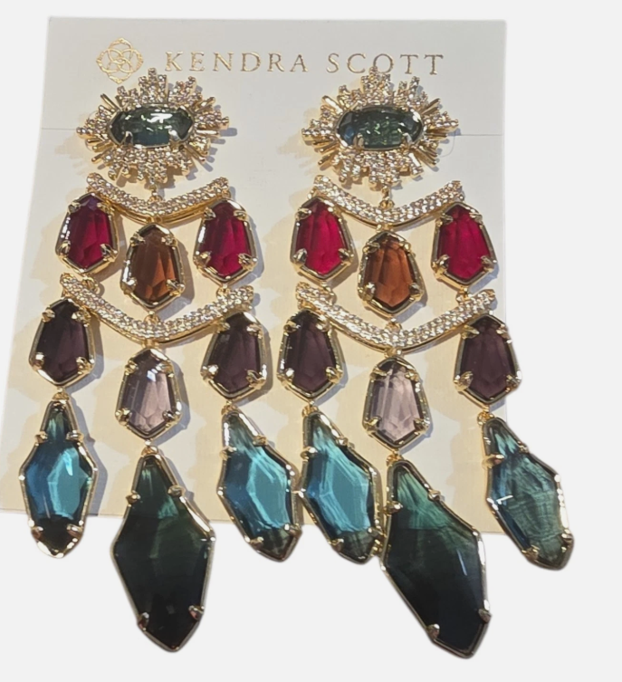 Kendra Scott Alexandria Tier Green Statement Drop Dangle Stud Gold Earrings NWT