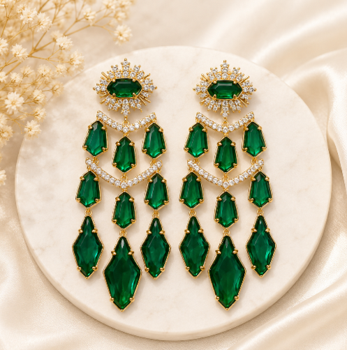 Kendra Scott Alexandria Tier Green Statement Drop Dangle Stud Gold Earrings NWT