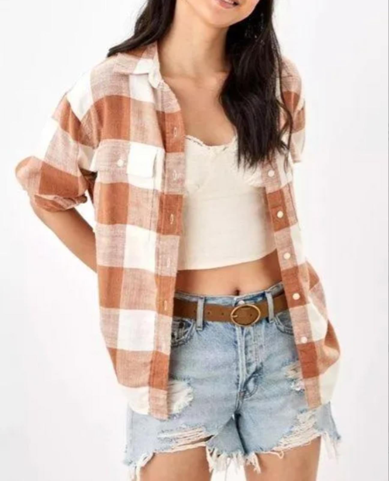 American Eagle AEO Oversized Button-up Flannel Shirt Copper Buffalo