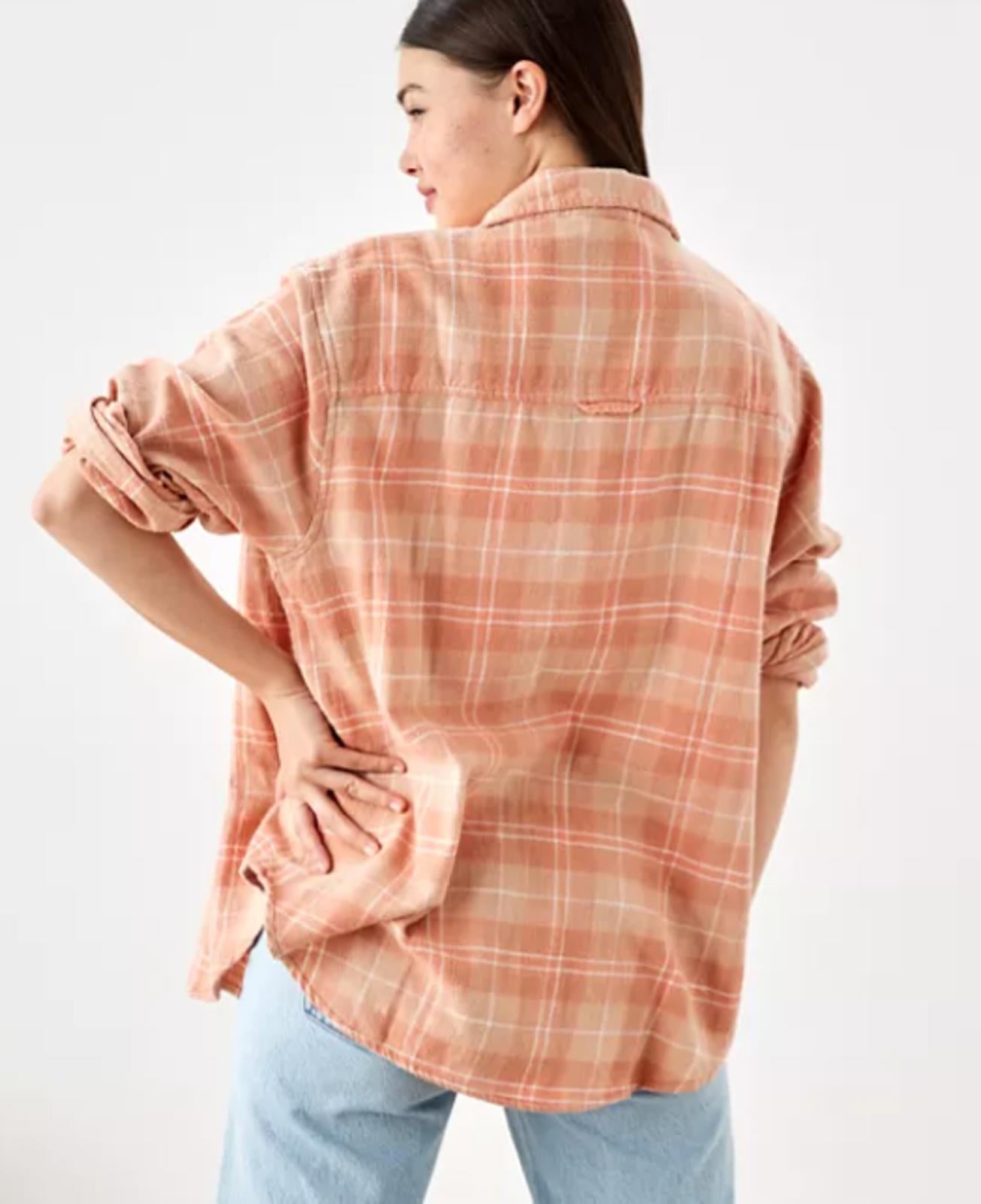 American Eagle AEO Oversized Button-up Flannel Shirt Copper Peach