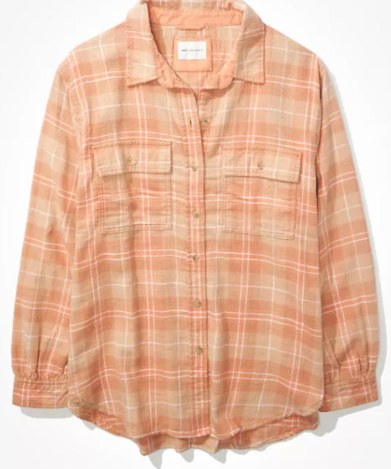 American Eagle AEO Oversized Button-up Flannel Shirt Copper Peach