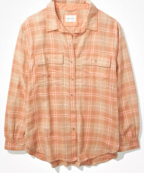 American Eagle AEO Oversized Button-up Flannel Shirt Copper Peach