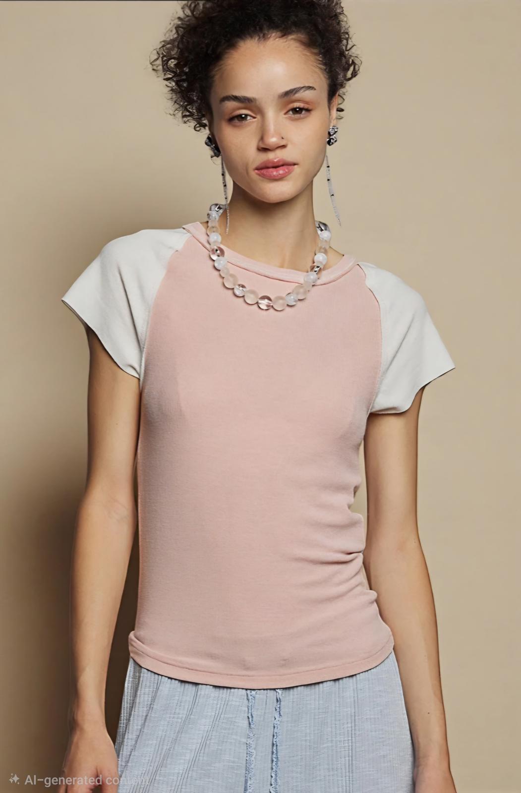 POL Round Neck Outseam Detail T-Shirt with Contrast Color Sleeves