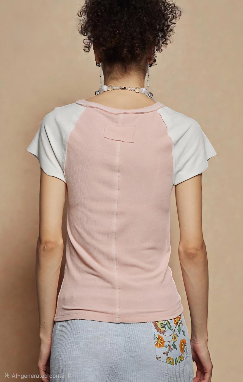 POL Round Neck Outseam Detail T-Shirt with Contrast Color Sleeves