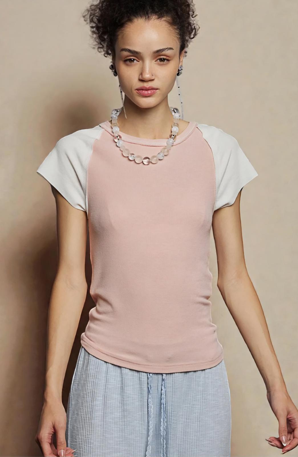 POL Round Neck Outseam Detail T-Shirt with Contrast Color Sleeves