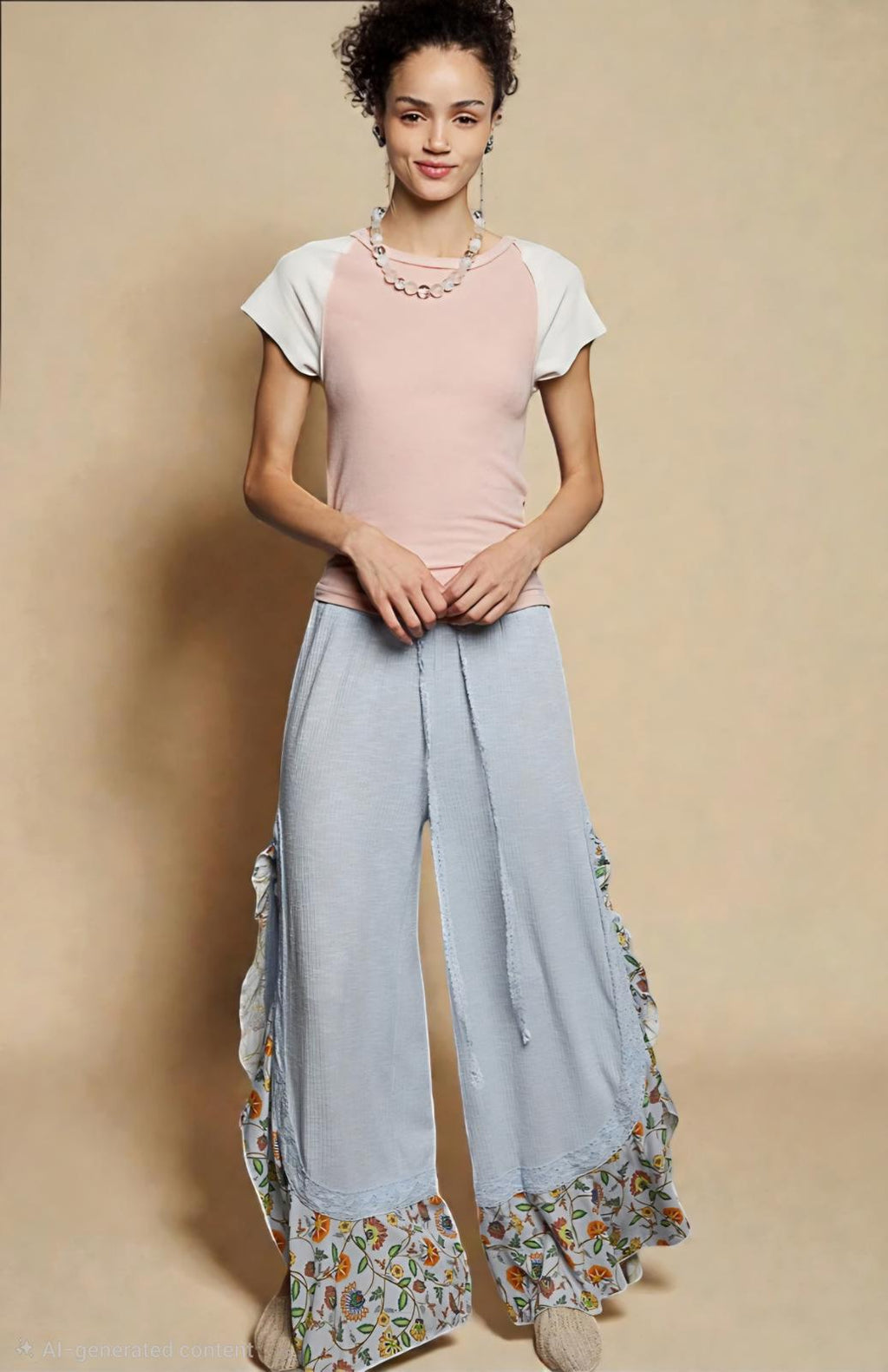 POL Round Neck Outseam Detail T-Shirt with Contrast Color Sleeves