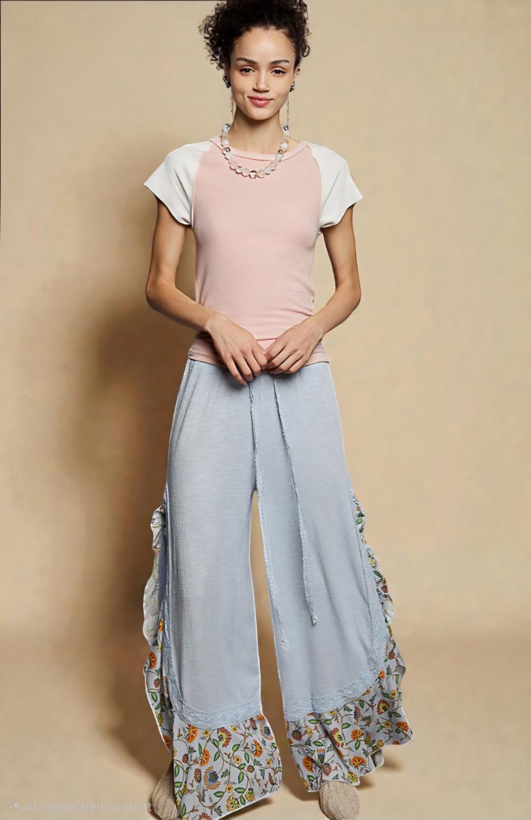POL Round Neck Outseam Detail T-Shirt with Contrast Color Sleeves