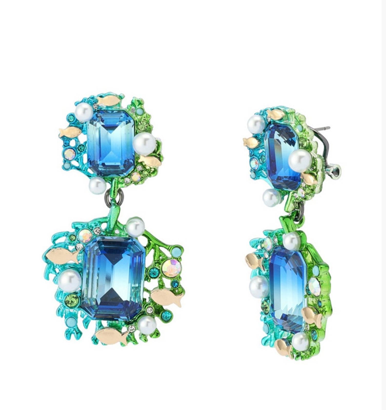 Betsey Johnson Mermaid Jewels Seaweed Stone Statement Earrings