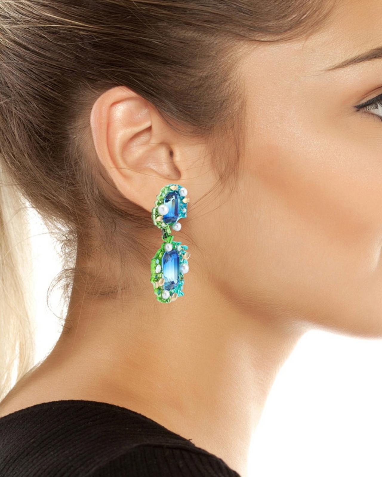 Betsey Johnson Mermaid Jewels Seaweed Stone Statement Earrings