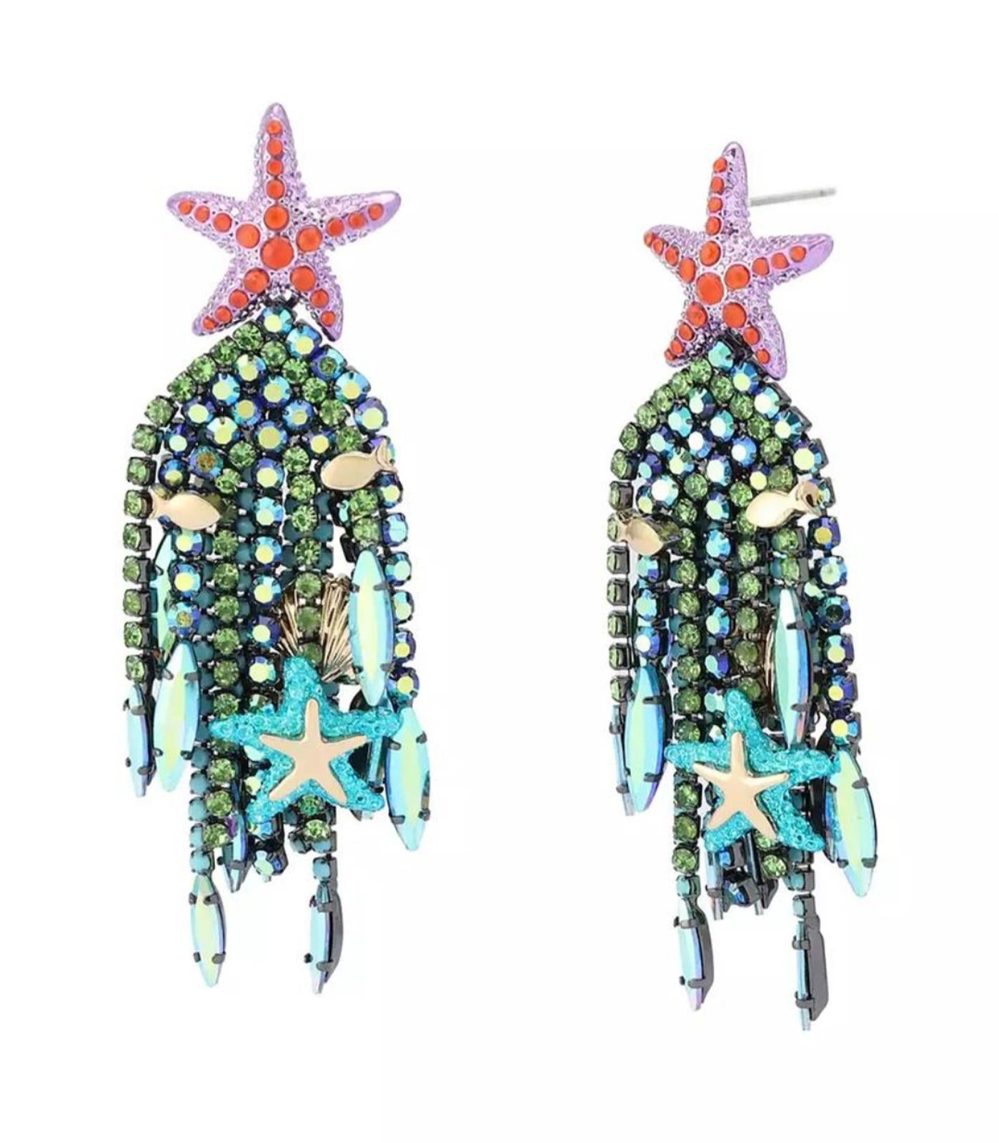 Betsey Johnson Mermaid Jewels Starfish Bead Fringe Statement Earrings