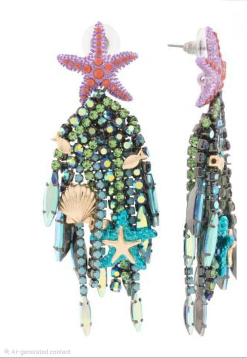 Betsey Johnson Mermaid Jewels Starfish Bead Fringe Statement Earrings