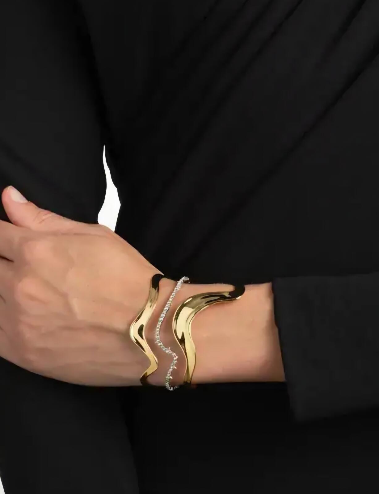 Modern Gold Tone Wave Cuff Bracelet with Silver Chain Accent