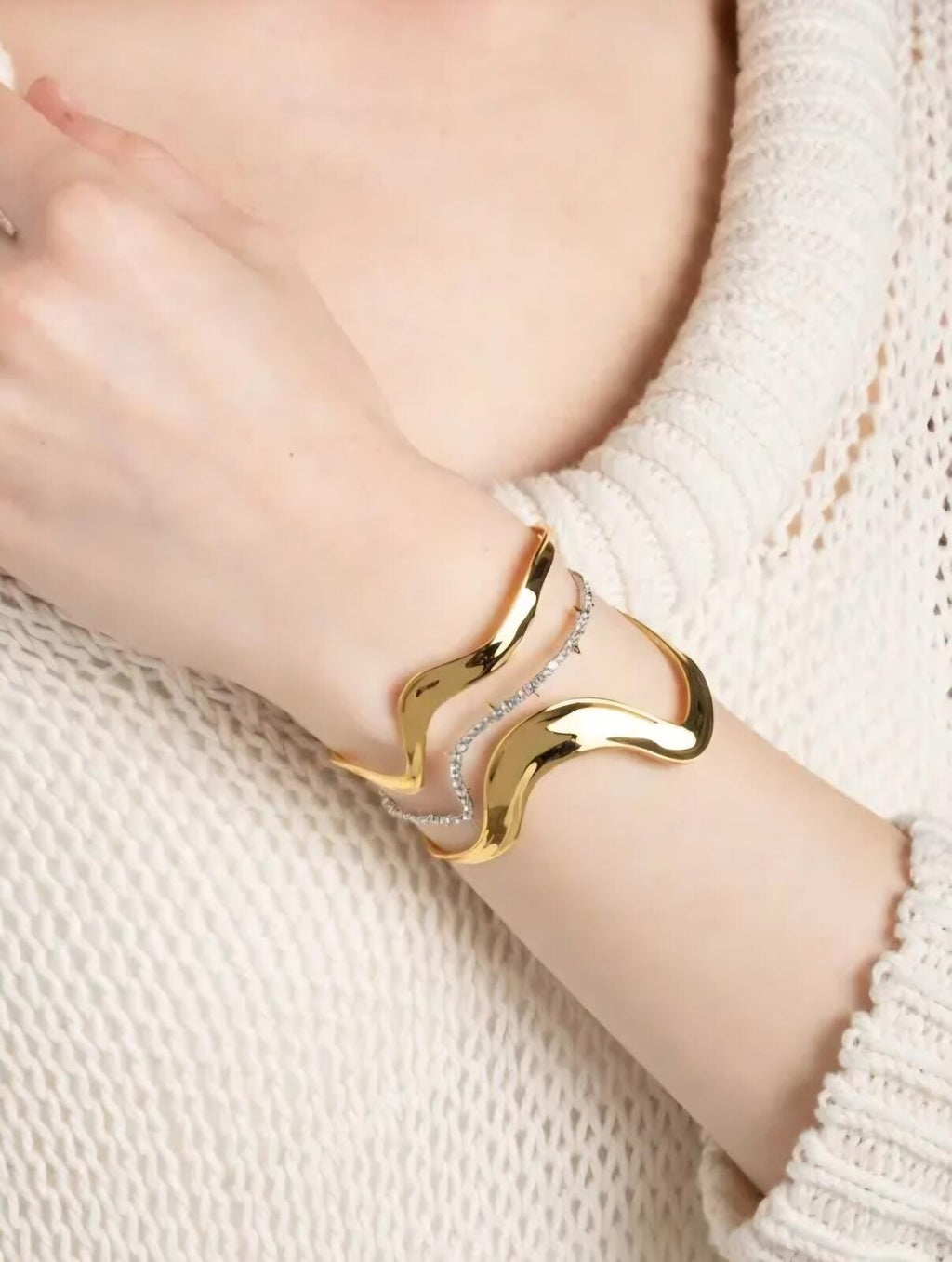 Modern Gold Tone Wave Cuff Bracelet with Silver Chain Accent