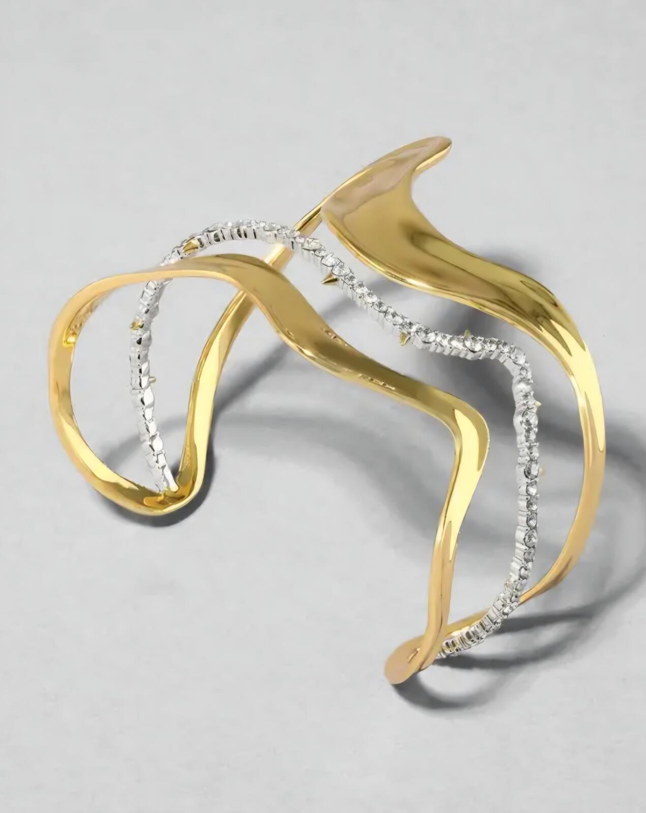 Modern Gold Tone Wave Cuff Bracelet with Silver Chain Accent
