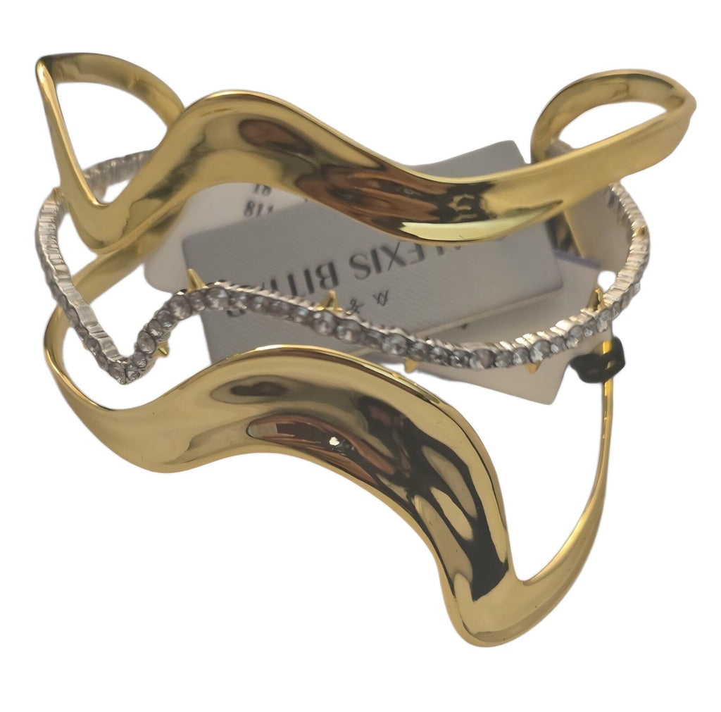 Modern Gold Tone Wave Cuff Bracelet with Silver Chain Accent