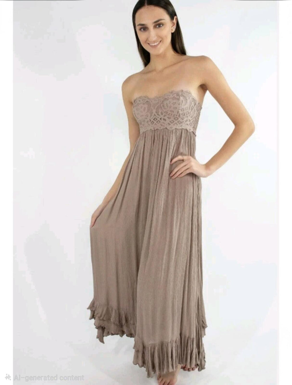 Strapless Lace Bustier Maxi Dress with Ruffle Hem