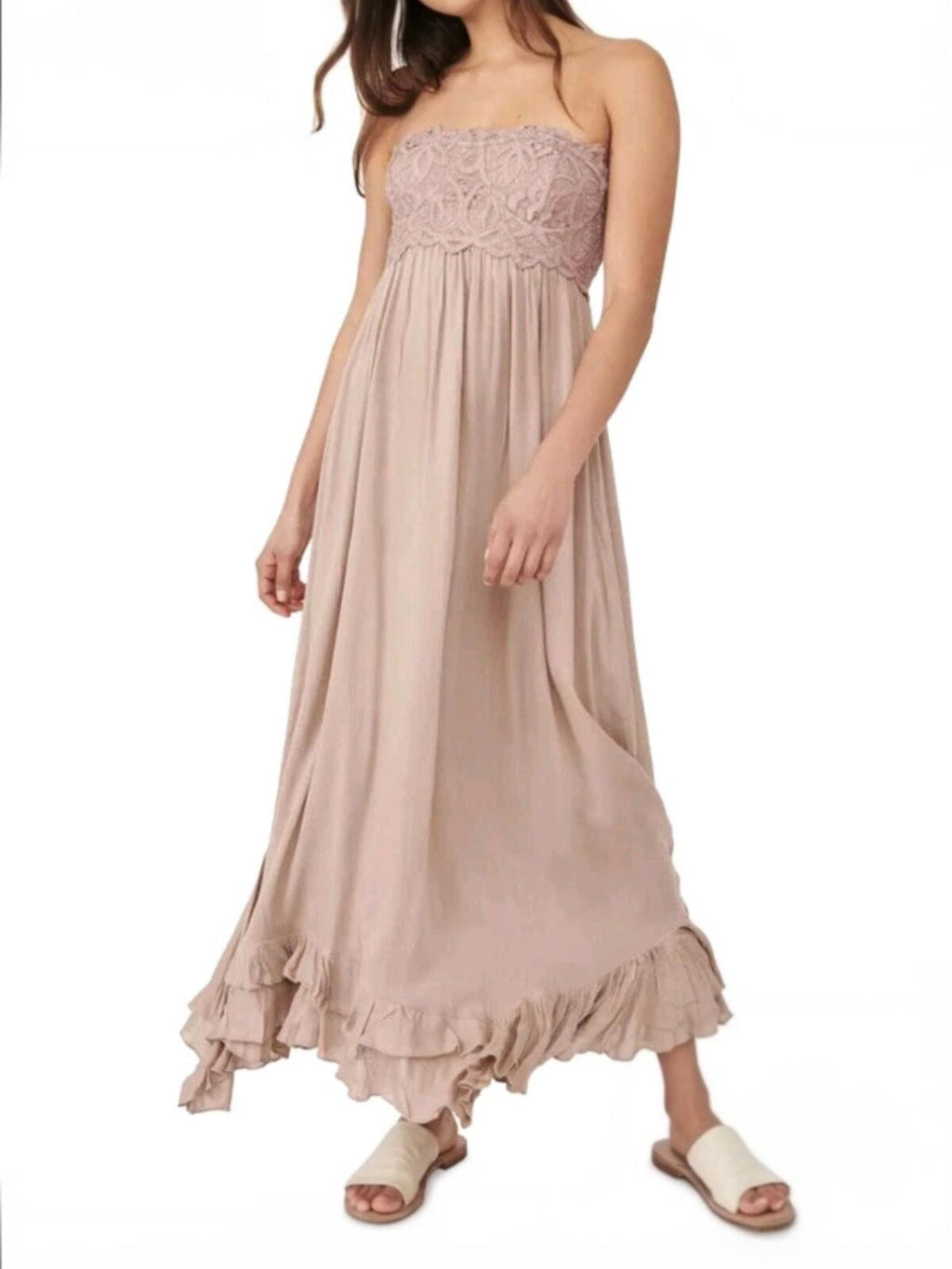 Strapless Lace Bustier Maxi Dress with Ruffle Hem
