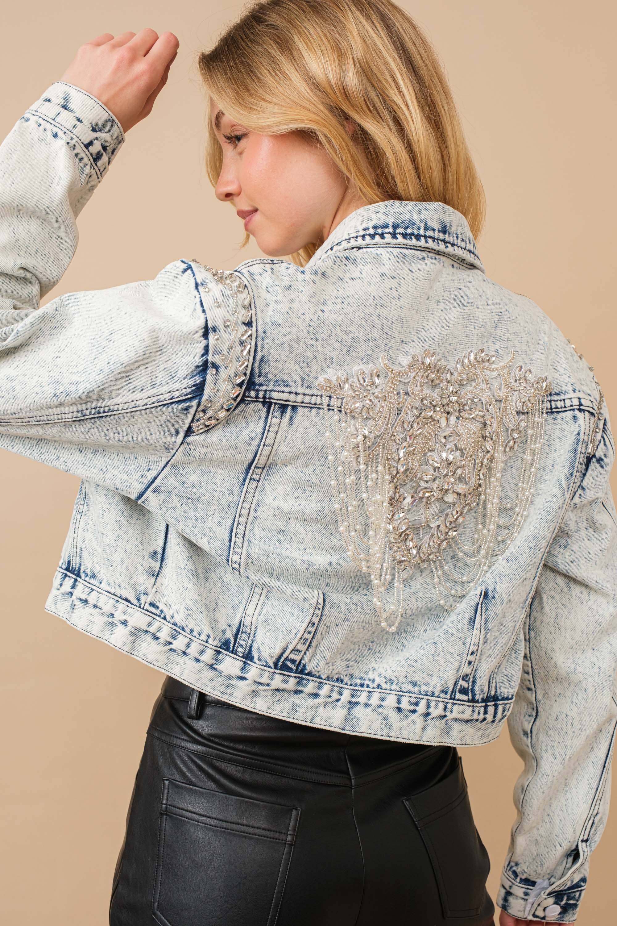 80037J - Acid Washed Shoulder Beading Denim Jacket