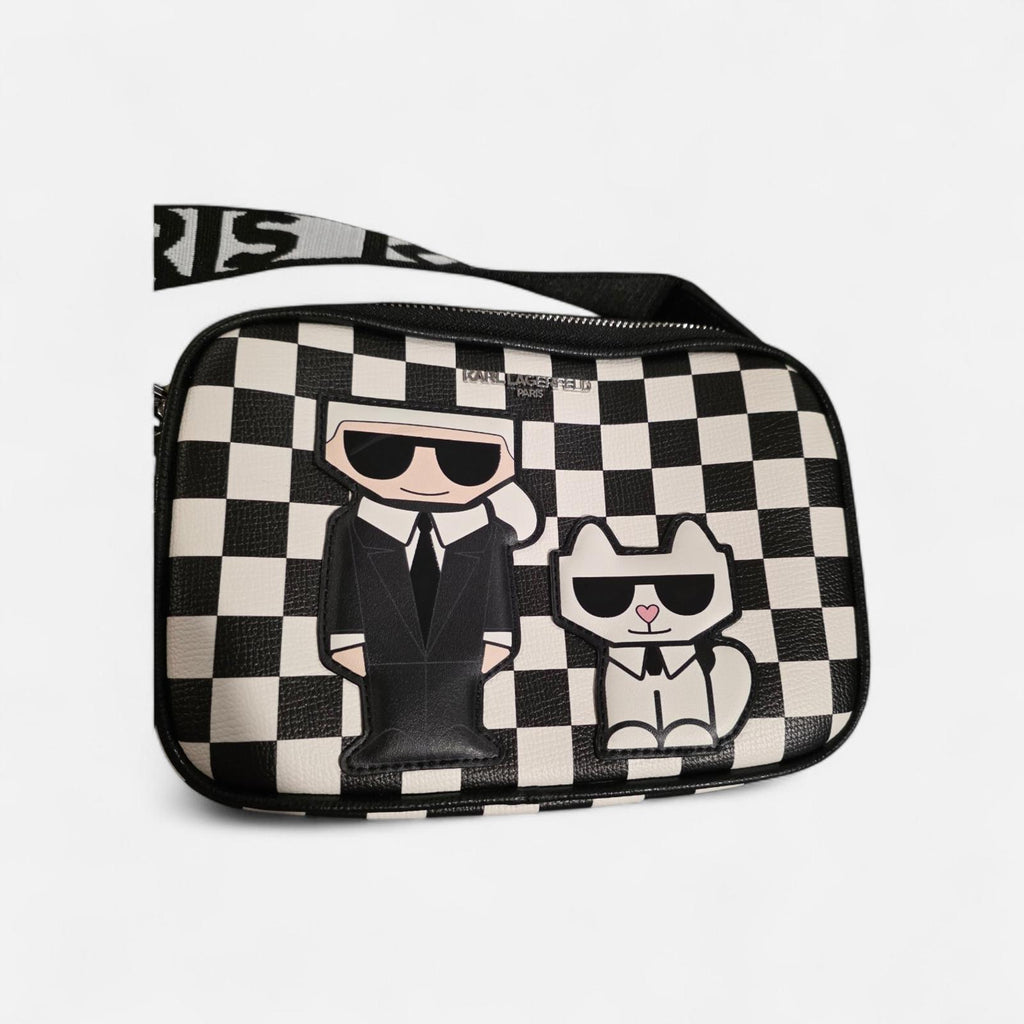 KARL LAGERFELD PARIS Maybelle Camera  Crossbody Bag Black White Check Combo NWT