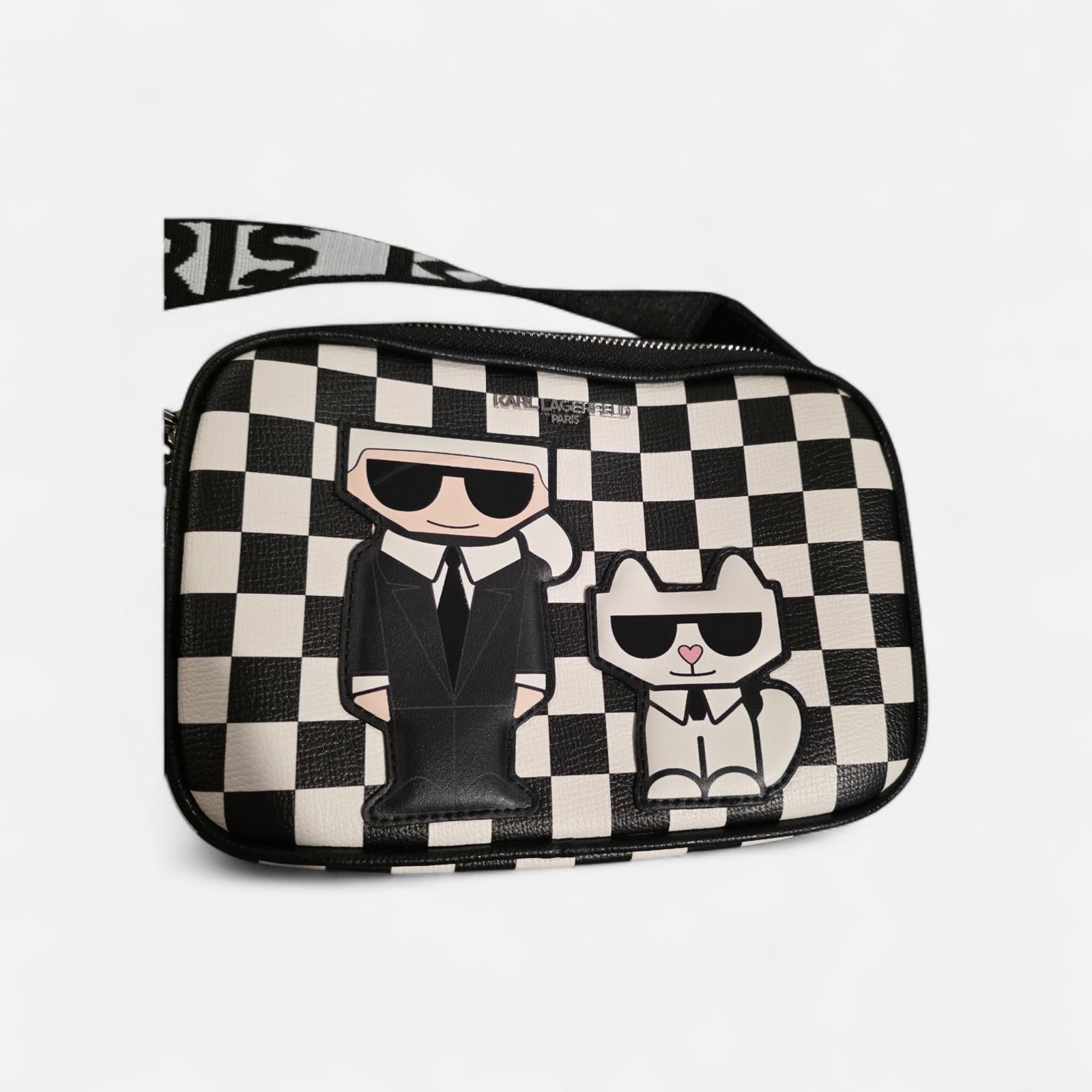 KARL LAGERFELD PARIS Maybelle Camera  Crossbody Bag Black White Check Combo NWT