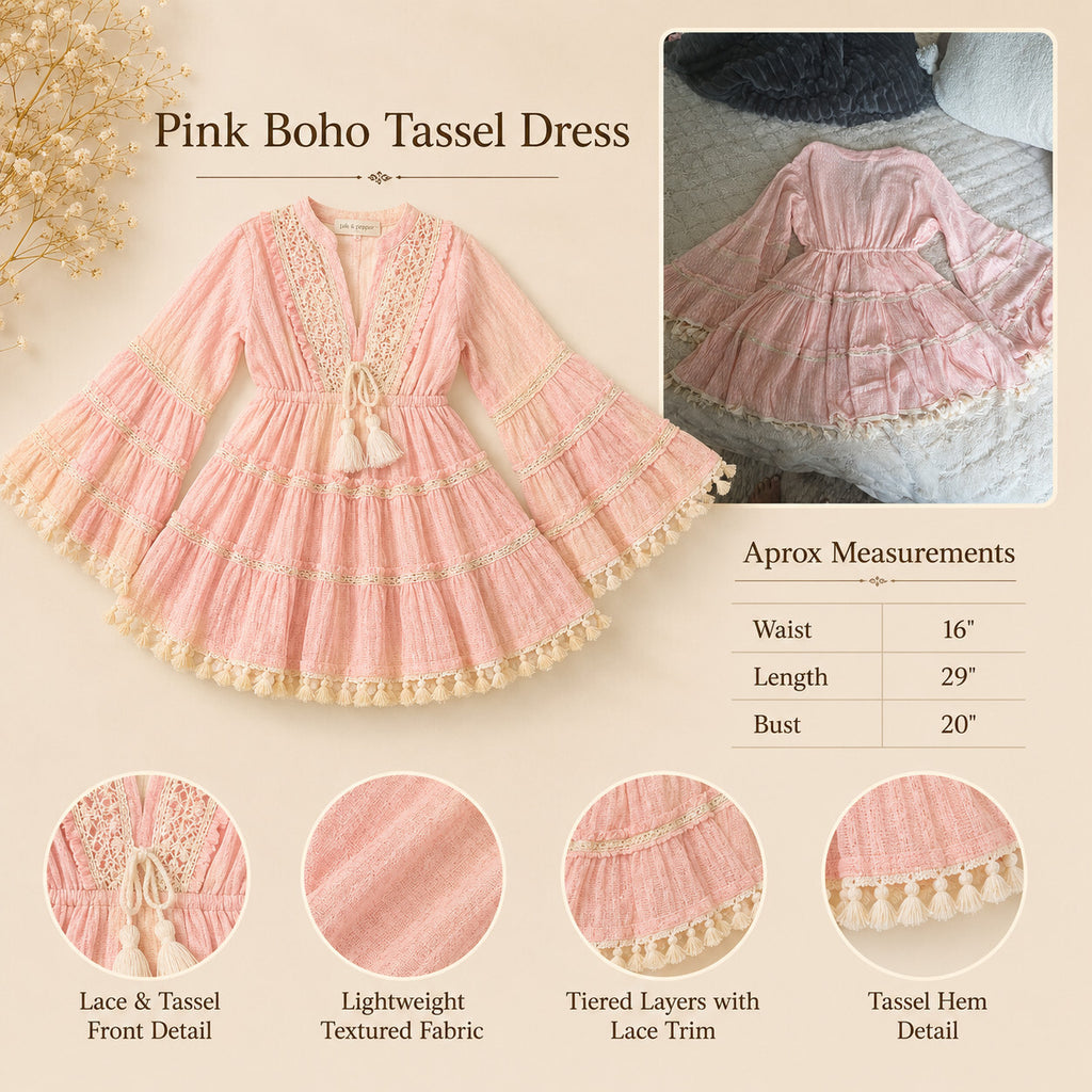 POL Boho-chic Pink Dress with Bell Sleeves Large