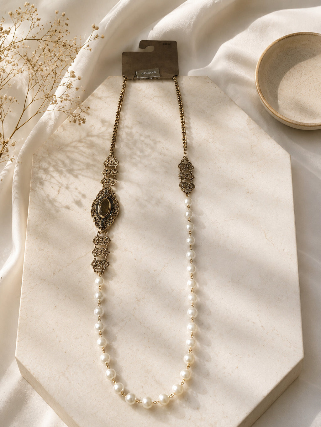 Chicos Long Pearl Satement Necklace