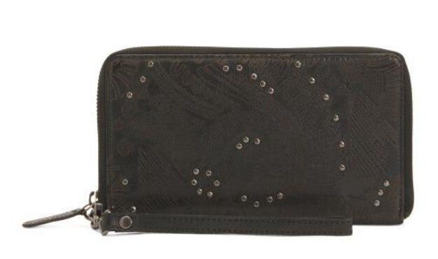 Vilenca Leather Large Zip Around Tooled Studs Wallet