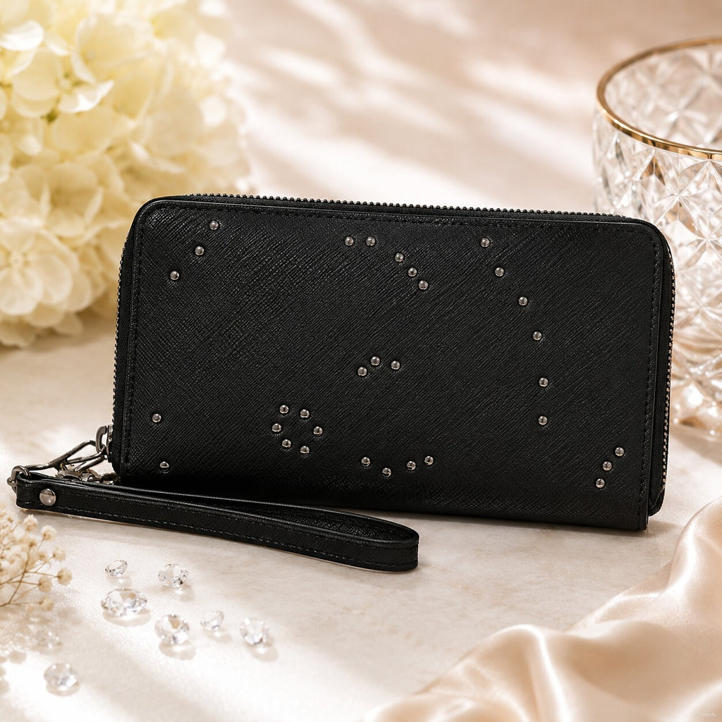 Vilenca Leather Large Zip Around Tooled Studs Wallet