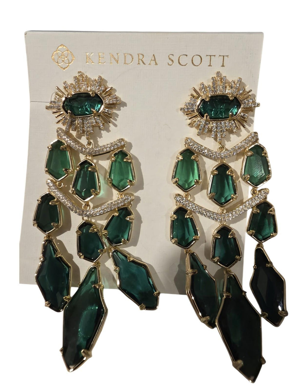 Kendra Scott Alexandria Tier Green Statement Drop Dangle Stud Gold Earrings NWT