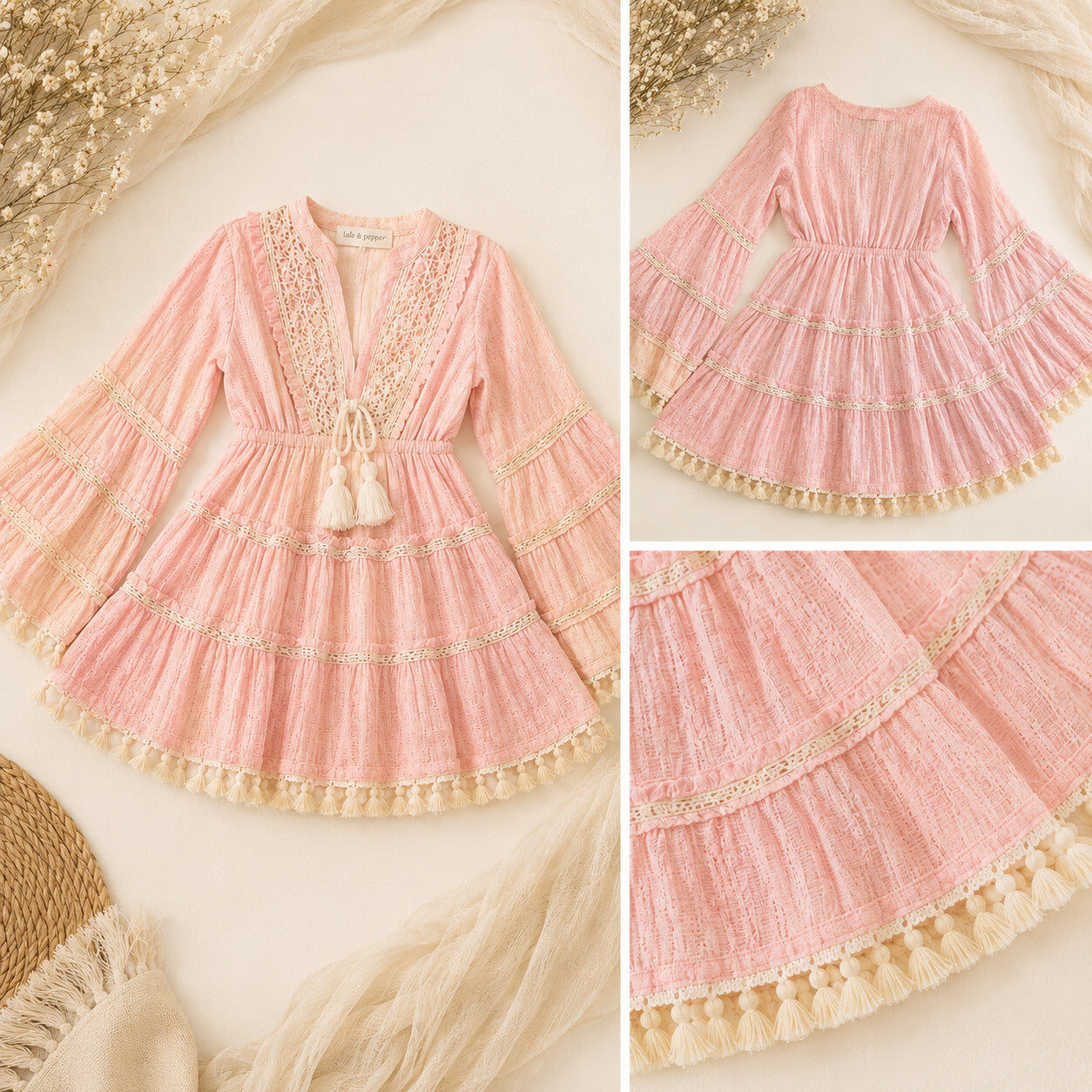 POL Boho-chic Pink Dress with Bell Sleeves Large