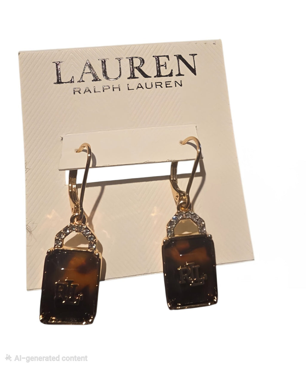 Lauren Ralph Lauren Drop Earrings Gold Tone Tortoise RL Logo New