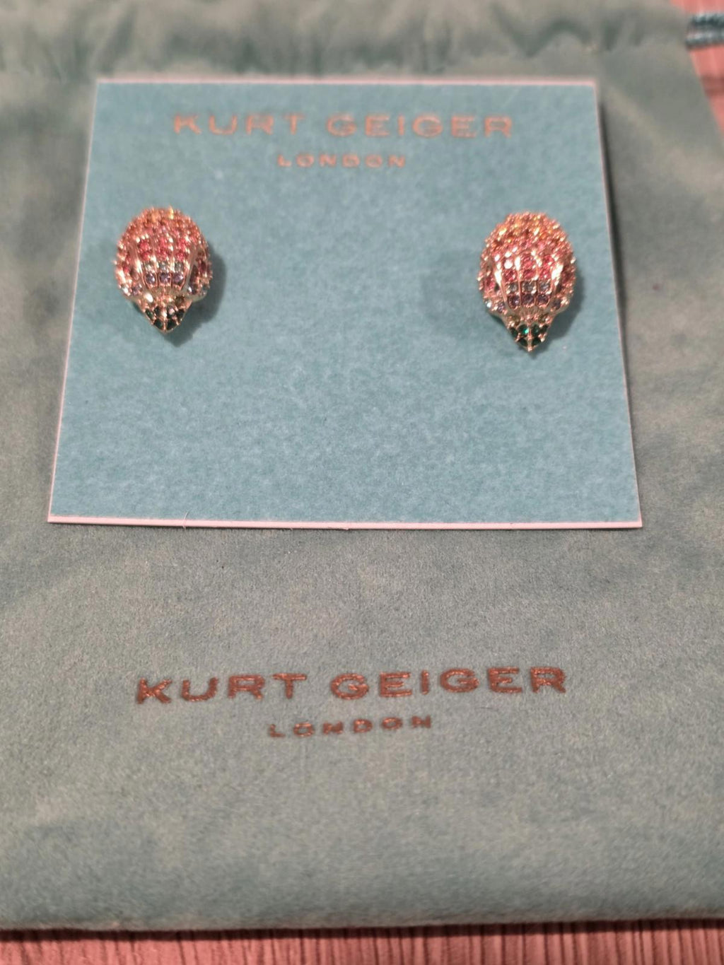 NEW! KURT GEIGER LONDON Rainbow Pave Crystals Eagle Head Stud Earrings Gold Tone