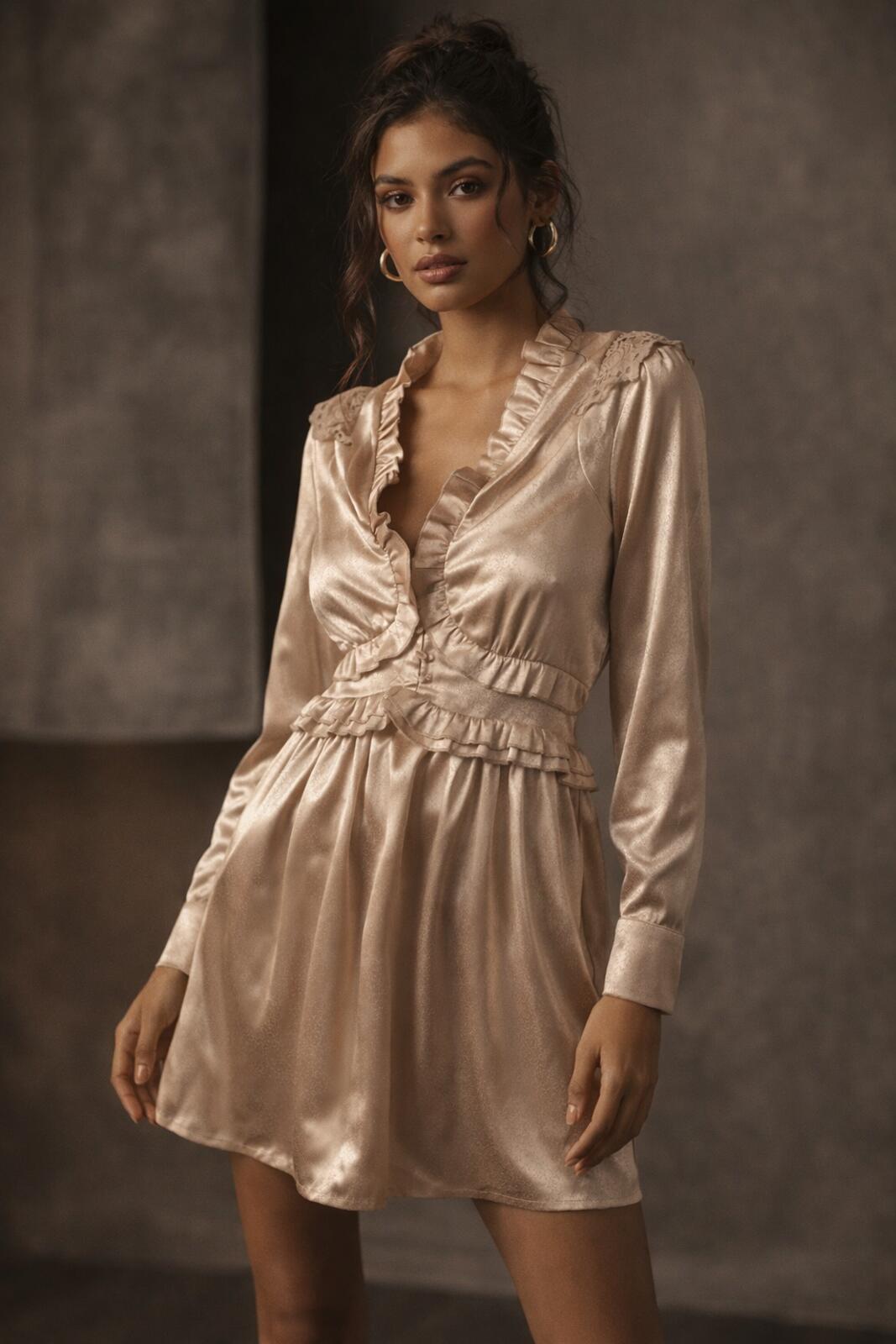Rose Velvet Elegant Champagne Satin Long Sleeve Dress with Ruffle Details