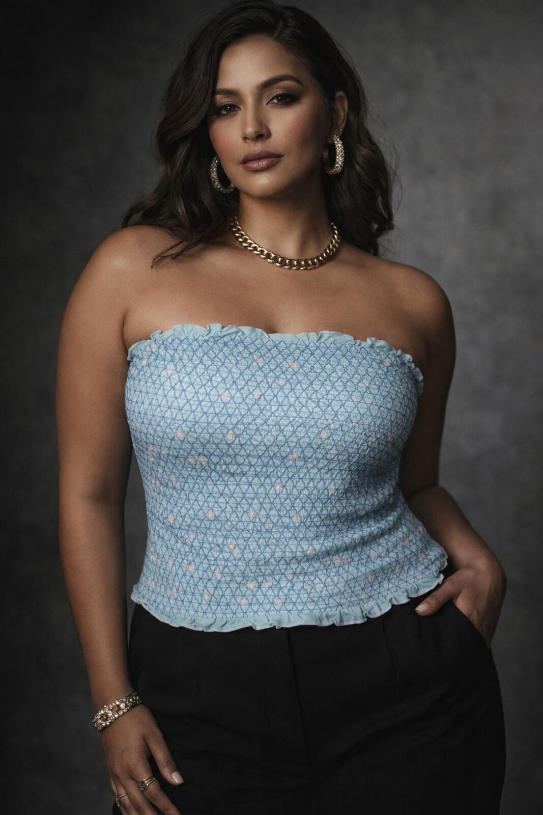Light Blue Strapless Smocked Tube Top with Ruffle Trim