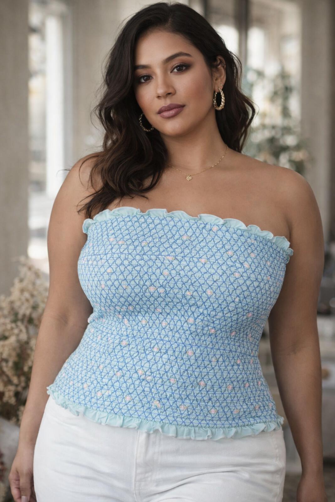 Light Blue Strapless Smocked Tube Top with Ruffle Trim