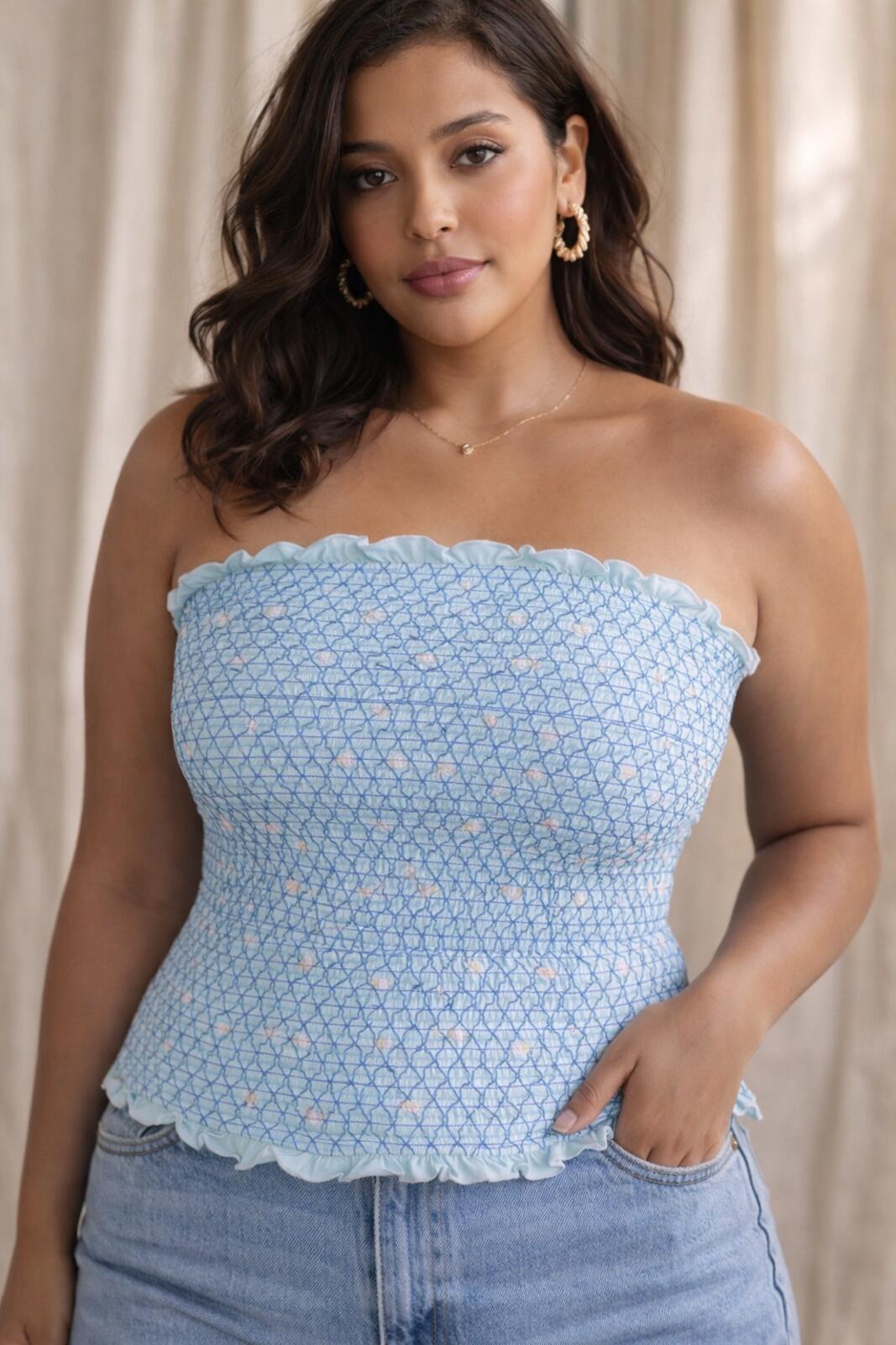 Light Blue Strapless Smocked Tube Top with Ruffle Trim