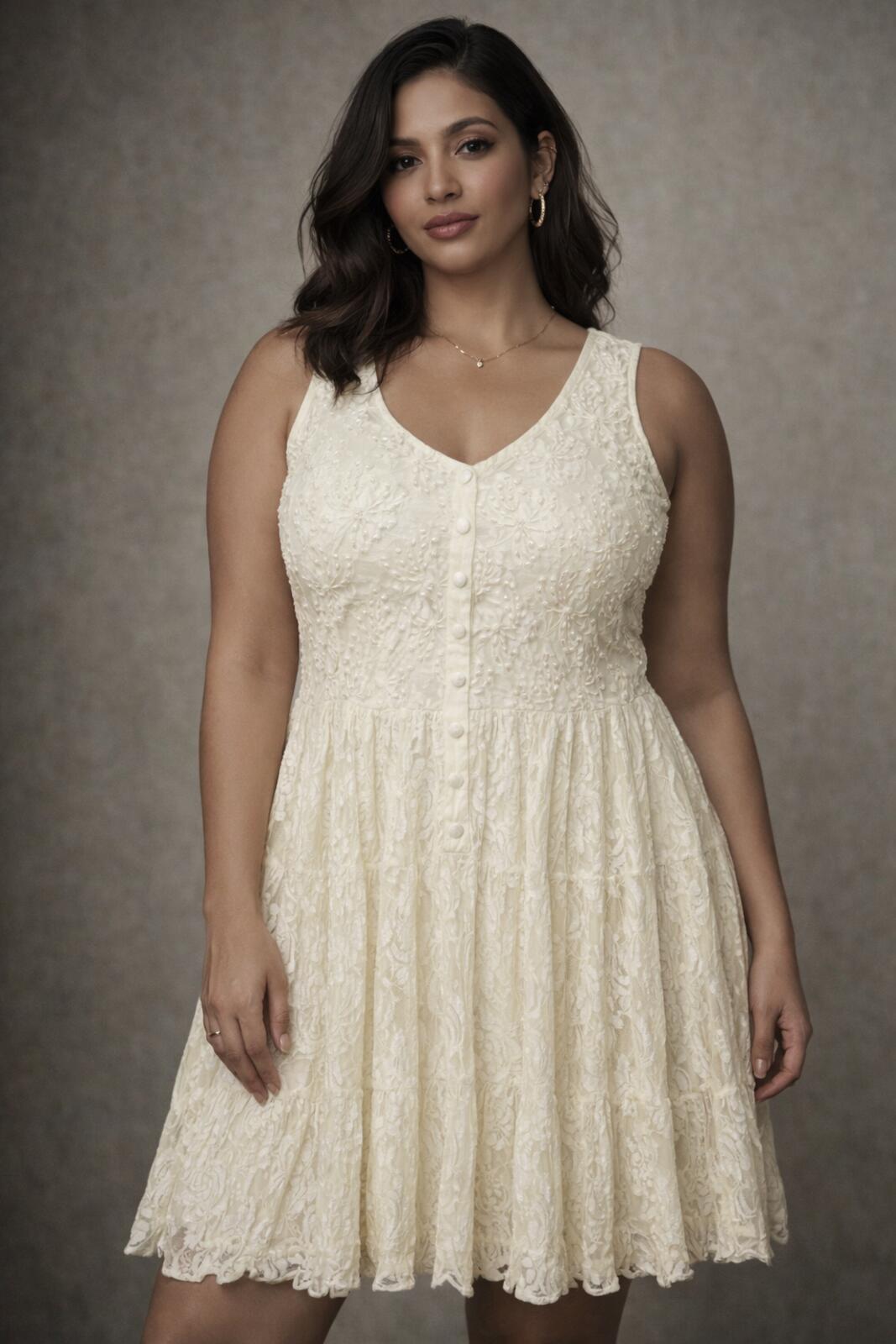 Cream Lace Sleeveless Button-Front Dress