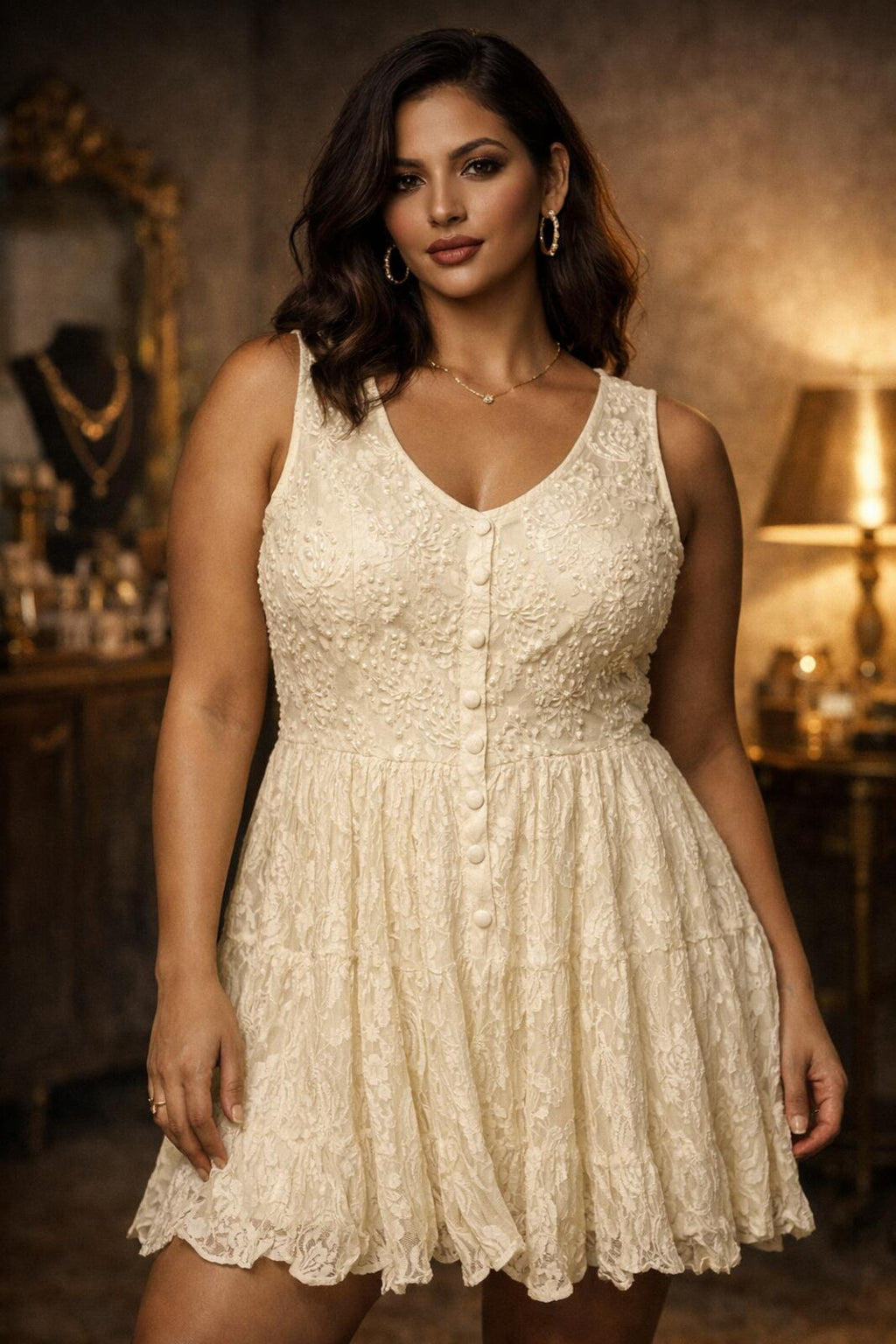Cream Lace Sleeveless Button-Front Dress