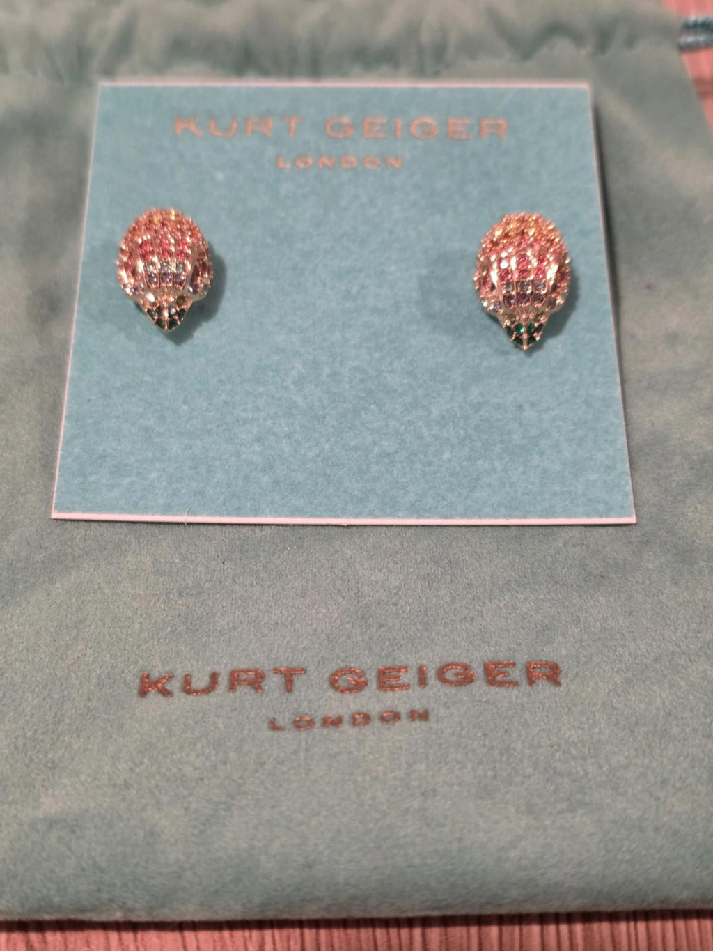 NEW! KURT GEIGER LONDON Rainbow Pave Crystals Eagle Head Stud Earrings Gold Tone