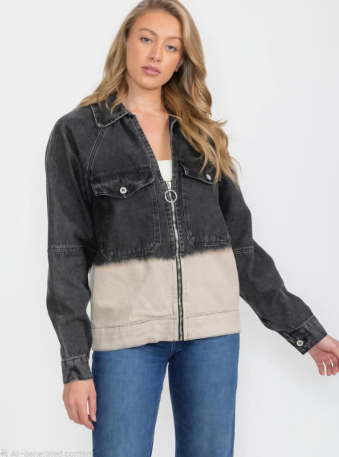 WOMEN'S LONG SLEEVE ZIP UP FRONT POCKETS GRAPHIC COLORBLOCK DENIM JACKET NWT