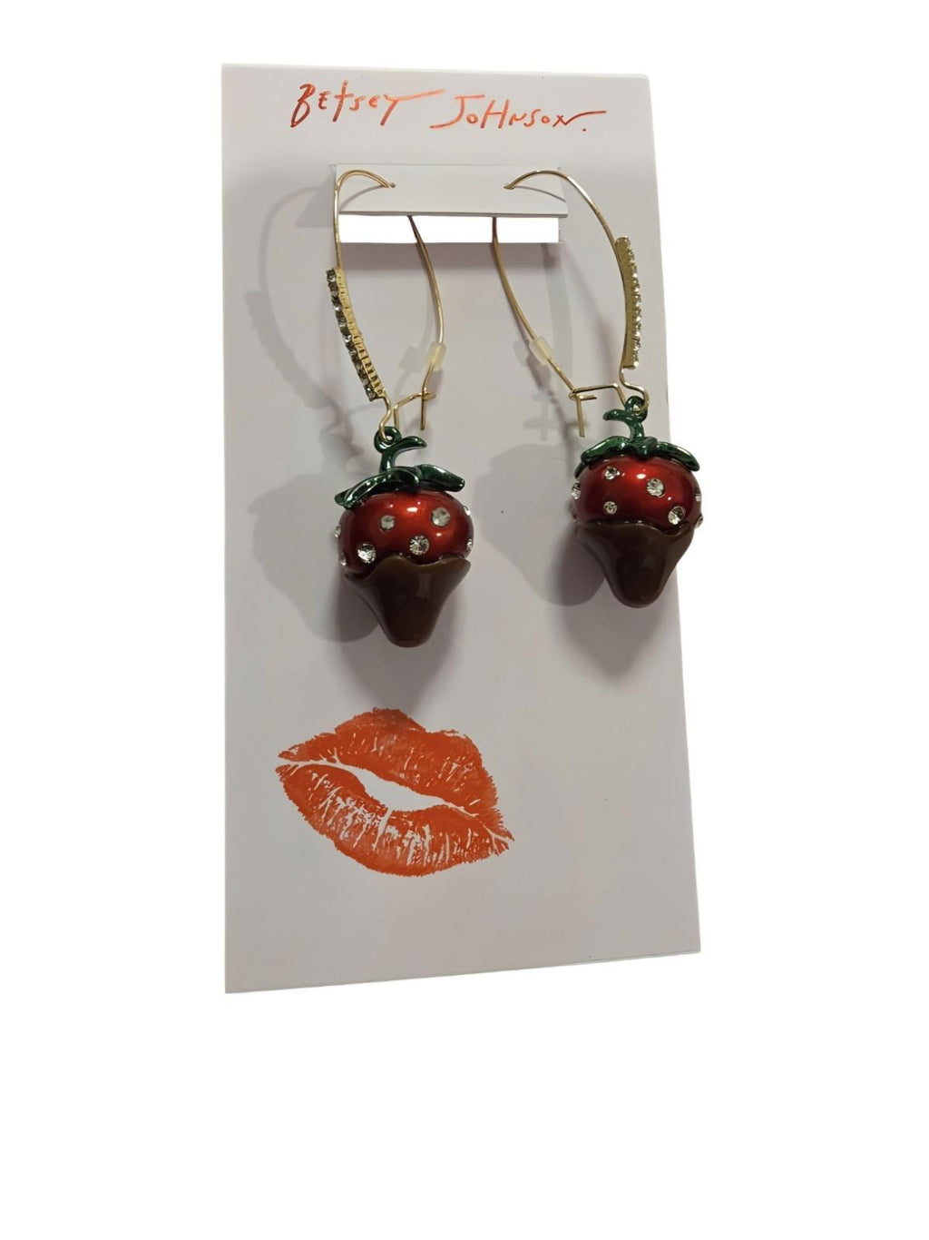 Betsey Johnson Chocolate Dipped Red Strawberry Drop Earrings Crystal Accents NWT