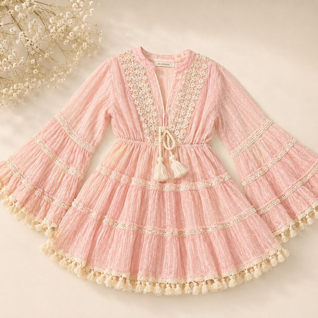 POL Boho-chic Pink Dress with Bell Sleeves Large