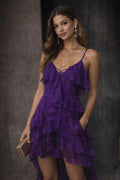 Rose Velvet Purple Ruffled High-Low Spaghetti Strap Bodysuit Dress
